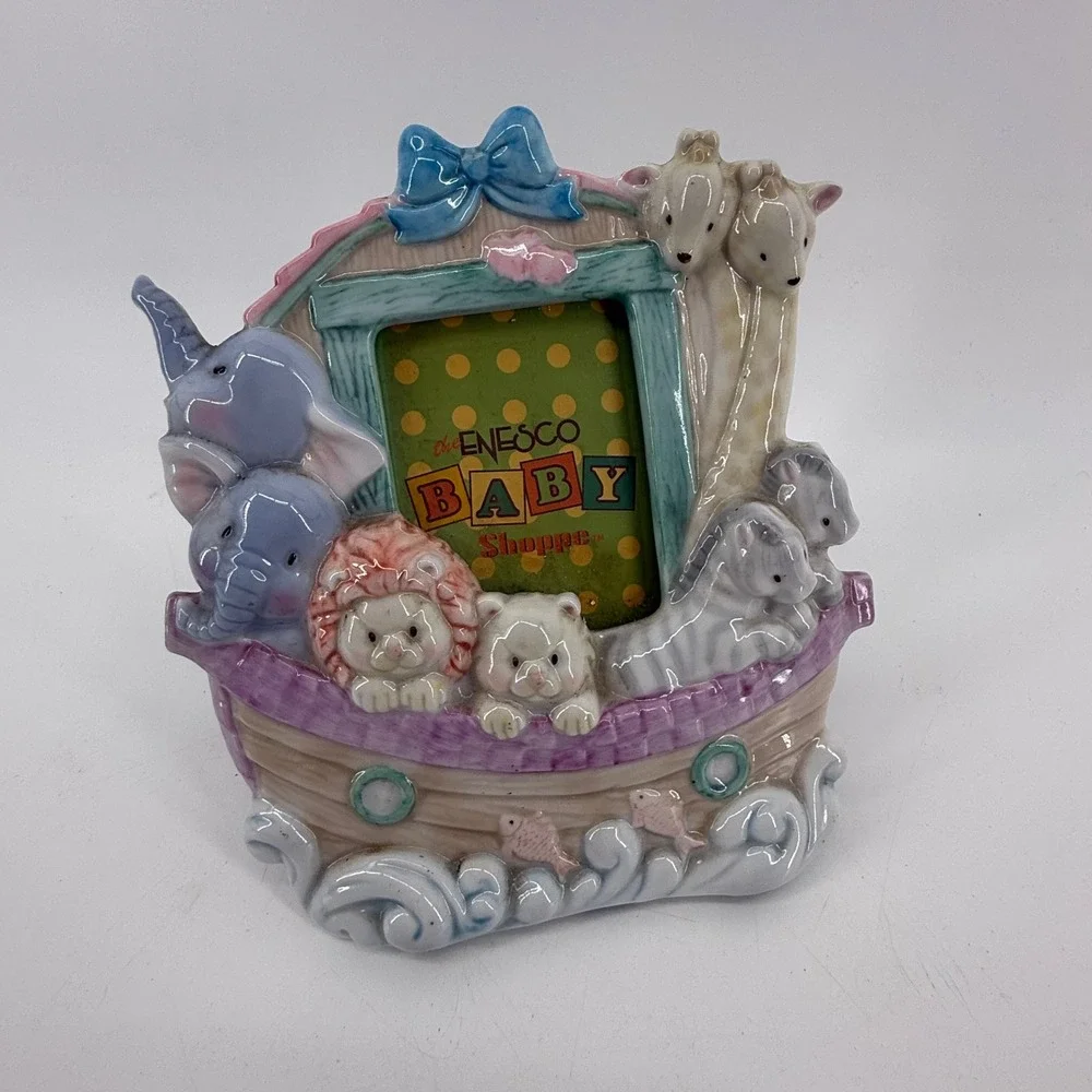 Enesco Baby Shoppe Noahs Ark Ceramic Photo‎ Frame Pastel Animals Nursery Decor